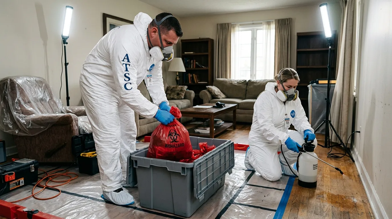 Professional Hoarding Cleanup technician in full PPE working in Alton